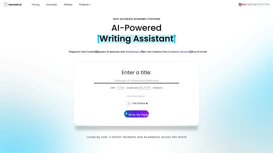 AI Writing: AI Essay Writer with Academic Citations | Samwell AI

AI Writing tools, like the Samwell AI Essay Writer, are designed to assist students and professionals in crafting well-researched essays and papers. These tools can generate content, suggest improvements, and even provide academic citations to support arguments. With Samwell AI, users can streamline their writing process while ensuring that their work is properly cited and formatted according to academic standards.